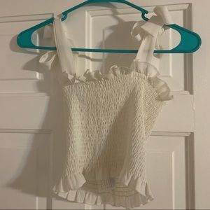 White ruched tank top with bow straps